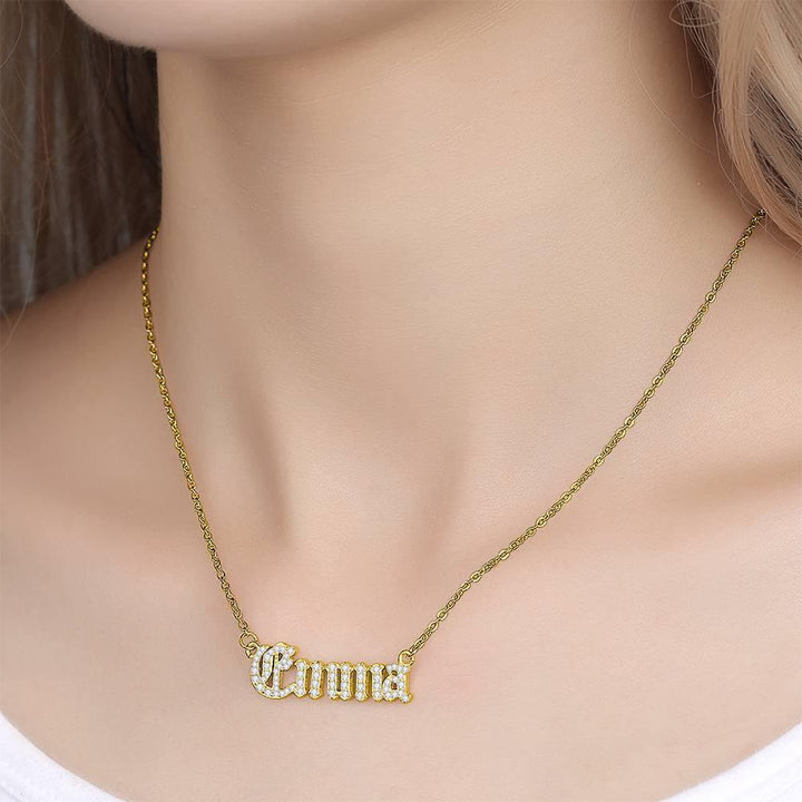 Cissyia.com Old English Crystal Name Necklace, Silver 14K Gold Plated
