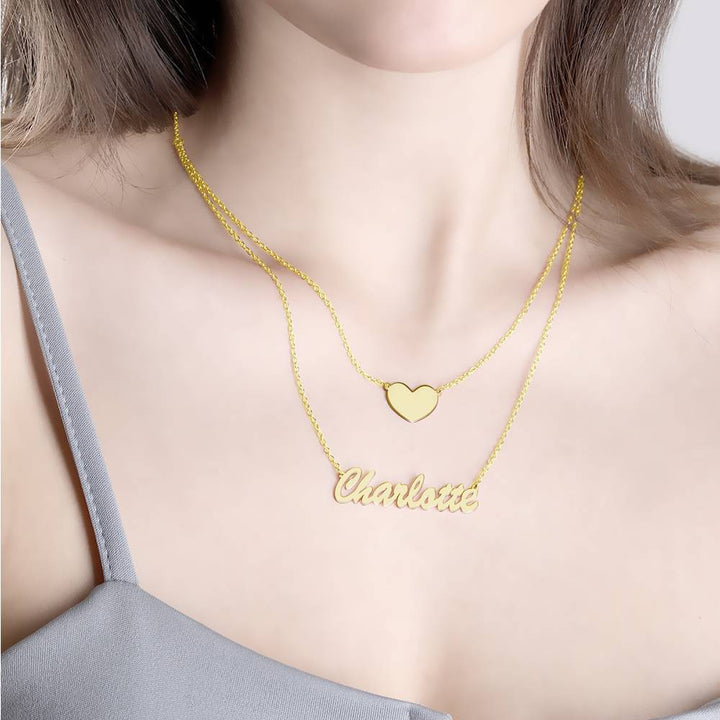 Cissyia.com 14K Gold Plated Personalized Two-Strand Heart and Cut-Out Layered Name Necklace