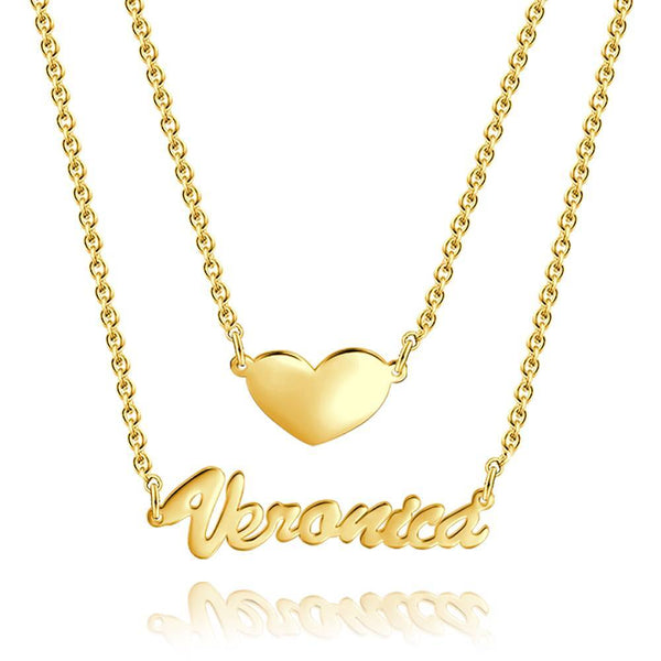 Cissyia.com 14K Gold Plated Personalized Two-Strand Heart and Cut-Out Layered Name Necklace