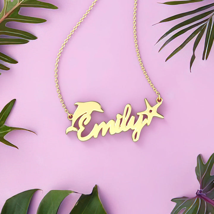 Custom Name Nacklace Dolphin and Star Necklace Gift for Little Girl - 