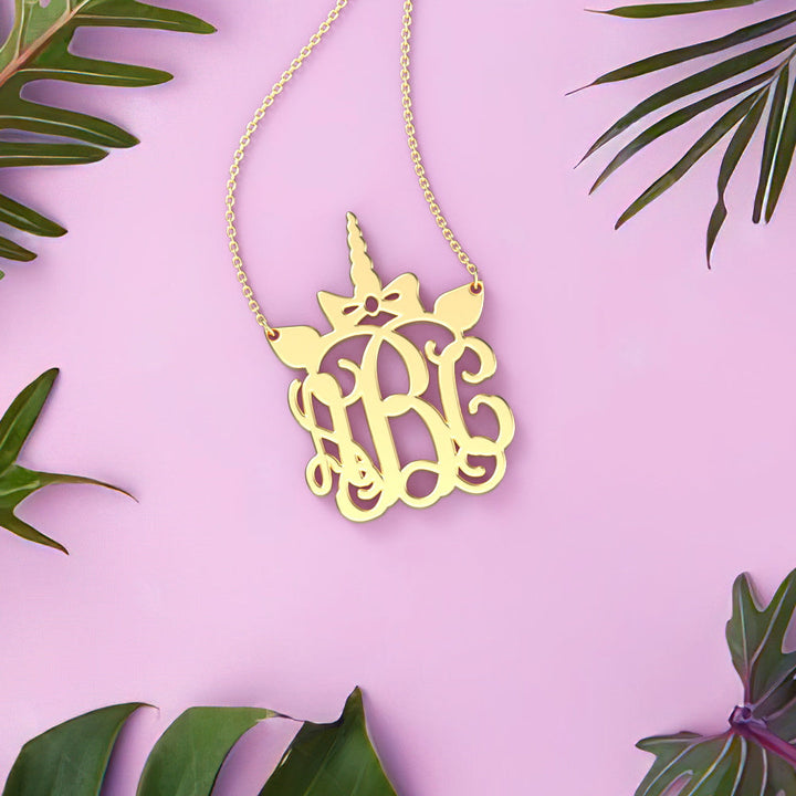 Cissyia.com 14K Gold Plated Personalized Unicorn Horn Three Monograms Pendant Name Necklace