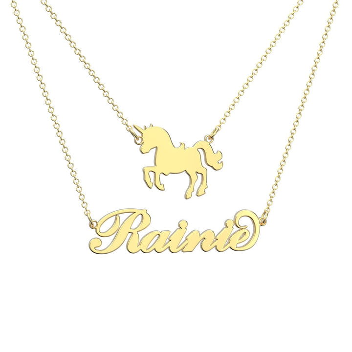 Cissyia.com Rose Gold Plated Personalized Unicorn and Cut-Out Two-Strand Name Necklace