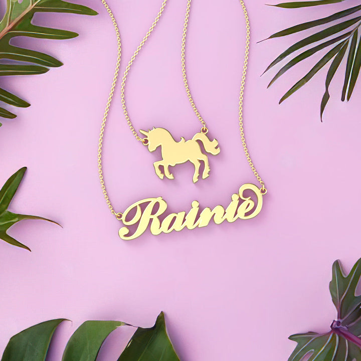Cissyia.com Rose Gold Plated Personalized Unicorn and Cut-Out Two-Strand Name Necklace