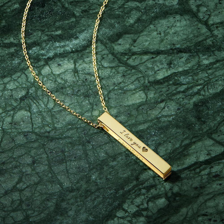 Cissyia.com 3D Engraving Bar Necklace, 4 Sided Vertical Name Necklace 14K Gold Plated