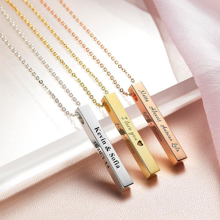 Cissyia.com 3D Engraving Bar Necklace, 4 Sided Vertical Name Necklace 14K Gold Plated