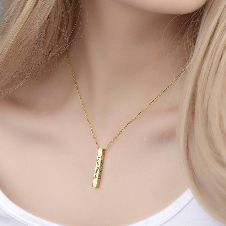Cissyia.com 3D Engraving Bar Necklace, 4 Sided Vertical Name Necklace 14K Gold Plated