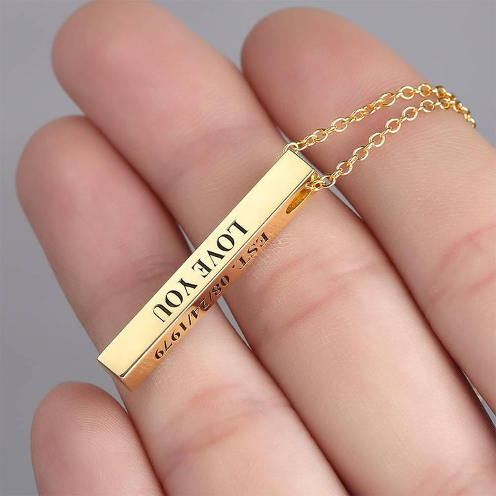 Cissyia.com 3D Engraving Bar Necklace, 4 Sided Vertical Name Necklace 14K Gold Plated