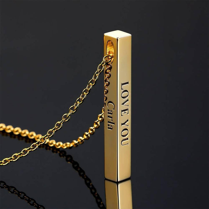 Cissyia.com 3D Engraving Bar Necklace, 4 Sided Vertical Name Necklace 14K Gold Plated