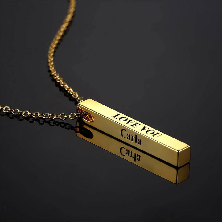 Cissyia.com 3D Engraving Bar Necklace, 4 Sided Vertical Name Necklace 14K Gold Plated