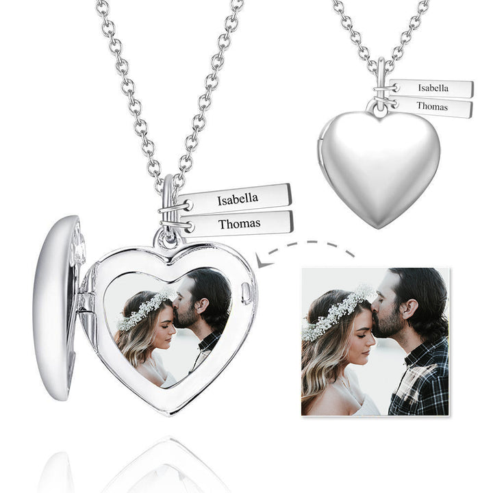 Cissyia.com 14k Gold Plated Two Engravable Bar Pendants and Heart Locket Pendant Photo Necklace