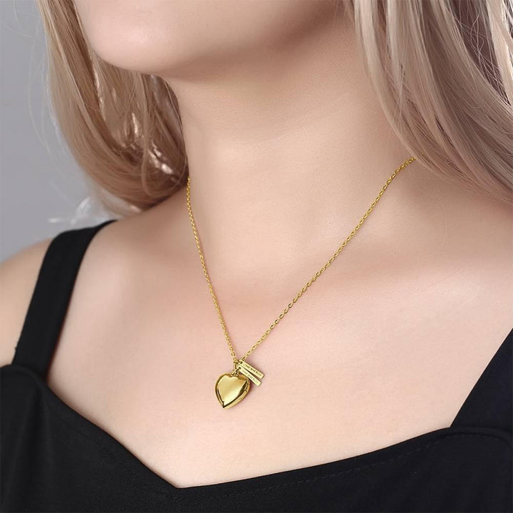 Cissyia.com 14k Gold Plated Two Engravable Bar Pendants and Heart Locket Pendant Photo Necklace