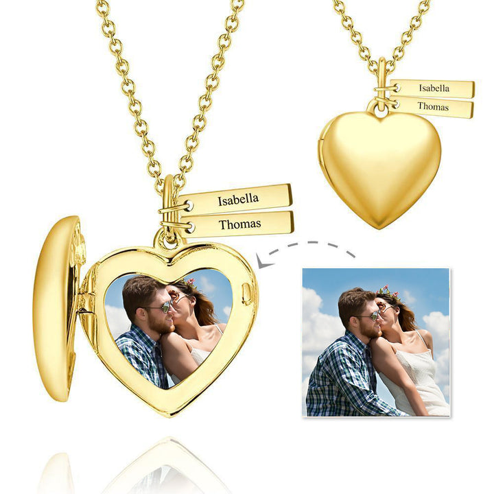 Cissyia.com 14k Gold Plated Two Engravable Bar Pendants and Heart Locket Pendant Photo Necklace