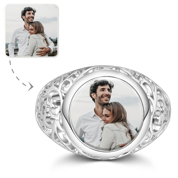 Cissyia.com Silver Round Shape Openwork Photo Ring for Couple