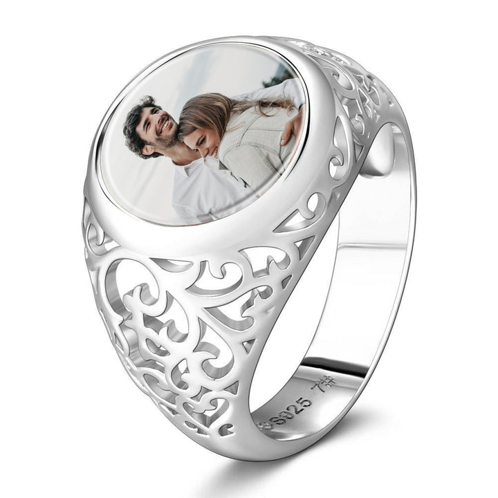 Cissyia.com Silver Round Shape Openwork Photo Ring for Couple