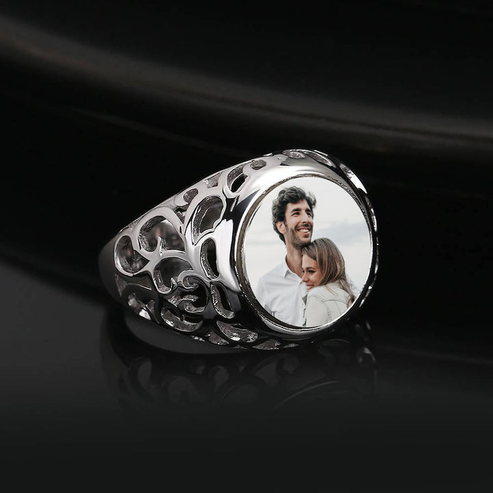 Cissyia.com Silver Round Shape Openwork Photo Ring for Couple
