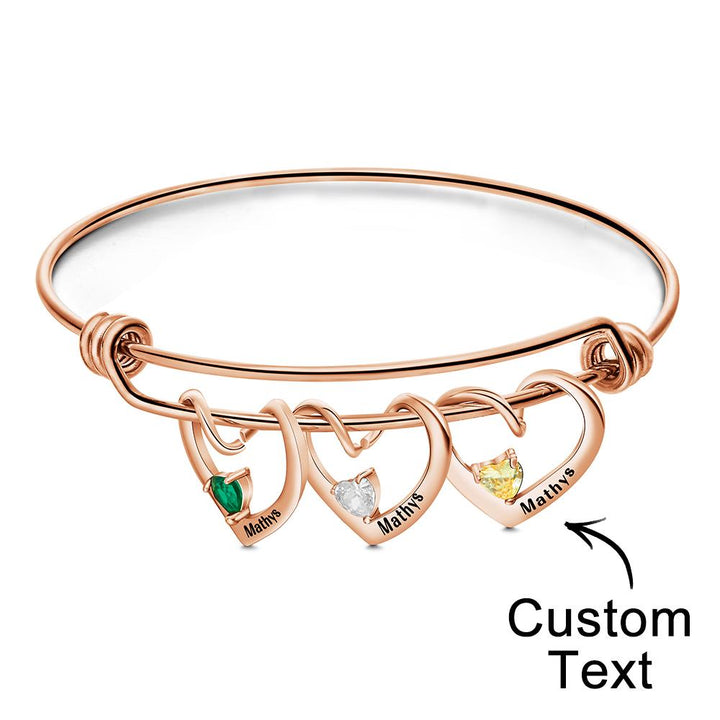 Cissyia.com Rose Gold Plated Personalized Engravable Three Heart Cut-Outs Bolo Engraved Bracelet with Three Birthstones