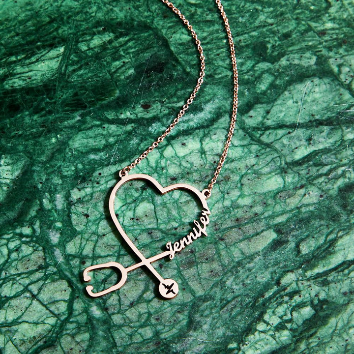 Cissyia.com Rose Gold Plated Heart and Stethoscope Name Cut-Out Name Necklace