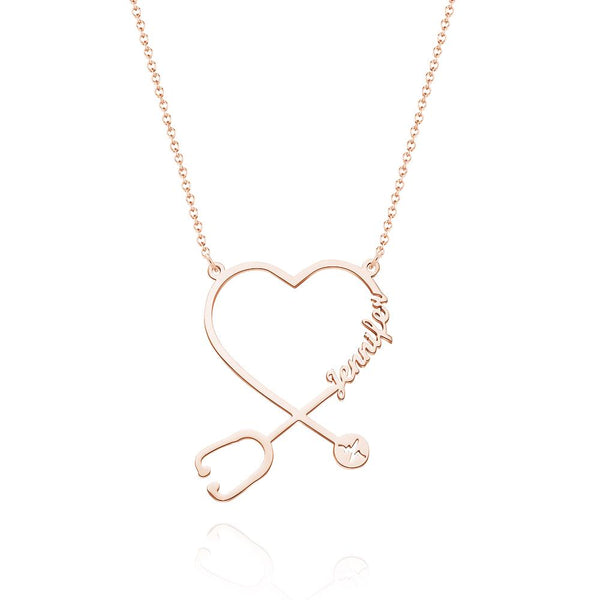 Cissyia.com Rose Gold Plated Heart and Stethoscope Name Cut-Out Name Necklace
