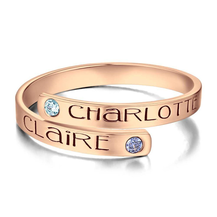 Cissyia.com Platinum Plated Personalized Two Birthstones Engravable Bypass Ring