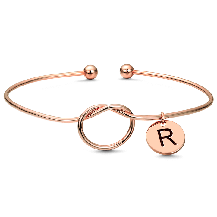 Cissyia.com Rose Gold Plated Personalized Engravable Disc Charm and Knot Symbol Open Cuff Engraved Bracelet