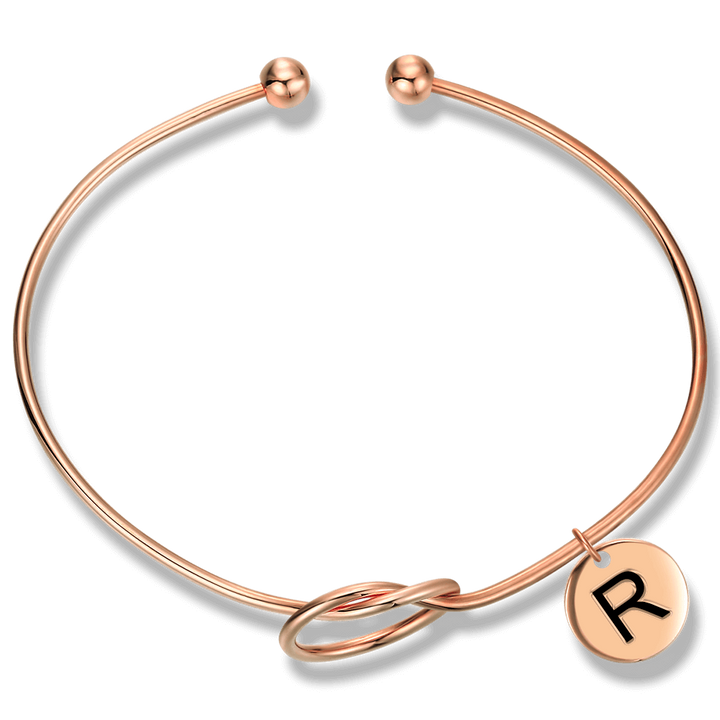 Cissyia.com Rose Gold Plated Personalized Engravable Disc Charm and Knot Symbol Open Cuff Engraved Bracelet