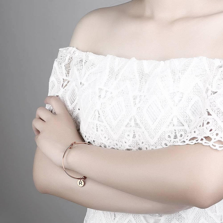 Cissyia.com Rose Gold Plated Personalized Engravable Disc Charm and Knot Symbol Open Cuff Engraved Bracelet