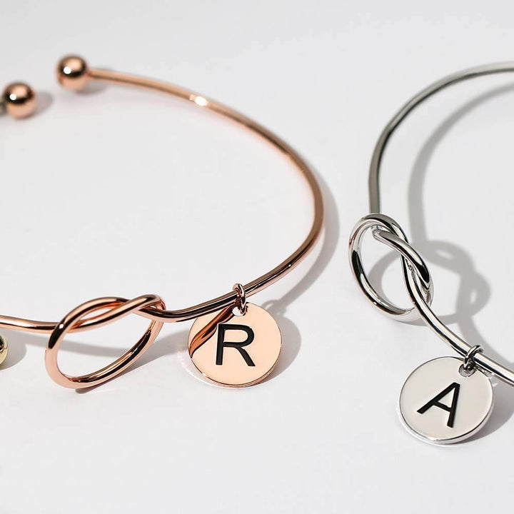 Cissyia.com Rose Gold Plated Personalized Engravable Disc Charm and Knot Symbol Open Cuff Engraved Bracelet