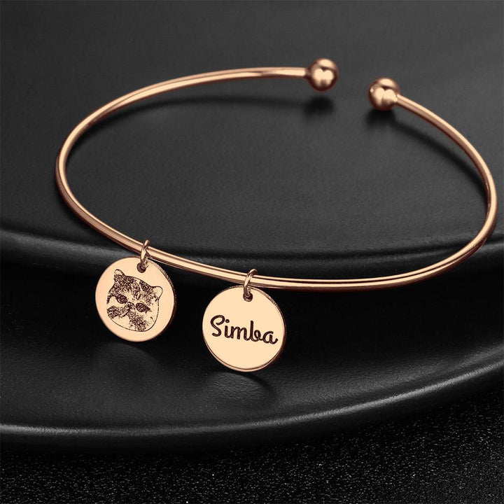 Cissyia.com Rose Gold Plated Personalized Photo Bracelet Sketch Open Cuff with Personalized Disc Charm