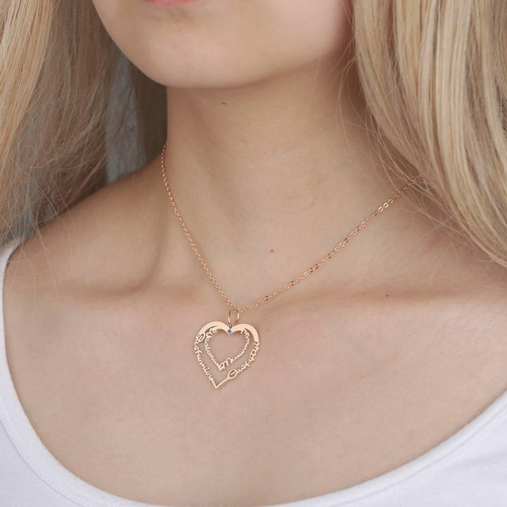 Cissyia.com 14k Gold Plated Personalized Two Heart Four Names Cut-out Necklace with One Birthstone