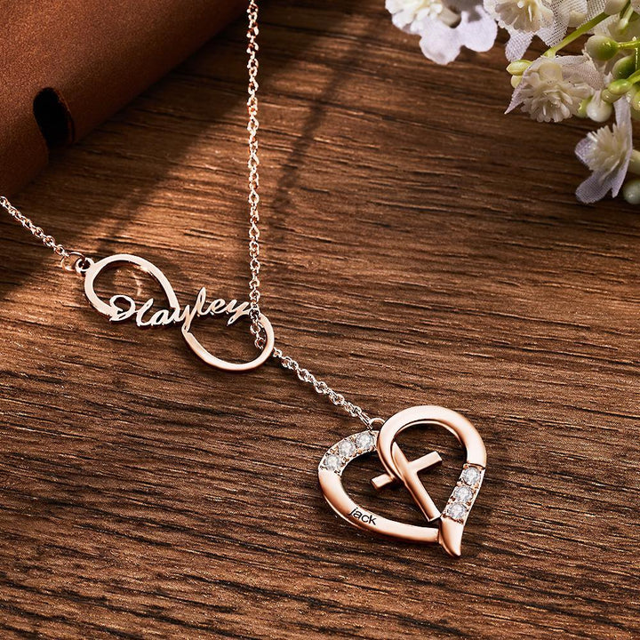 Cissyia.com Rose Gold Plated Gemstones Personalized Infinity Cut-Out and Engravable Heart And Cross Toggle Name Necklace
