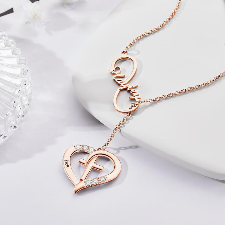 Cissyia.com Rose Gold Plated Gemstones Personalized Infinity Cut-Out and Engravable Heart And Cross Toggle Name Necklace