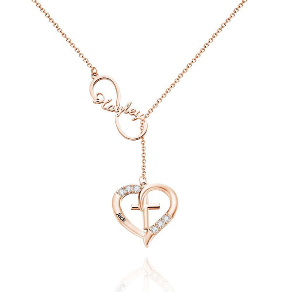 Cissyia.com Rose Gold Plated Gemstones Personalized Infinity Cut-Out and Engravable Heart And Cross Toggle Name Necklace