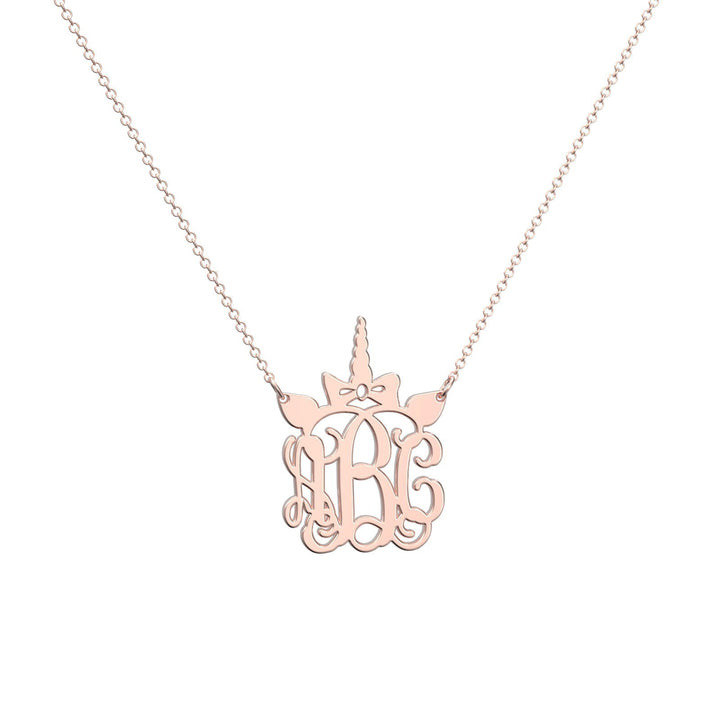 Cissyia.com Rose Gold Plated Personalized Unicorn Horn Three Monograms Pendant Name Necklace