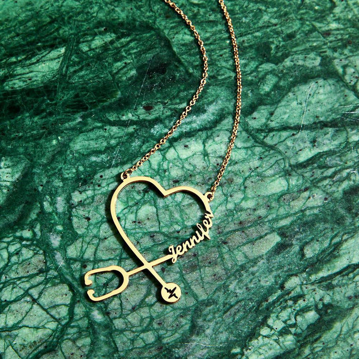 Cissyia.com Rose Gold Plated Heart and Stethoscope Name Cut-Out Name Necklace