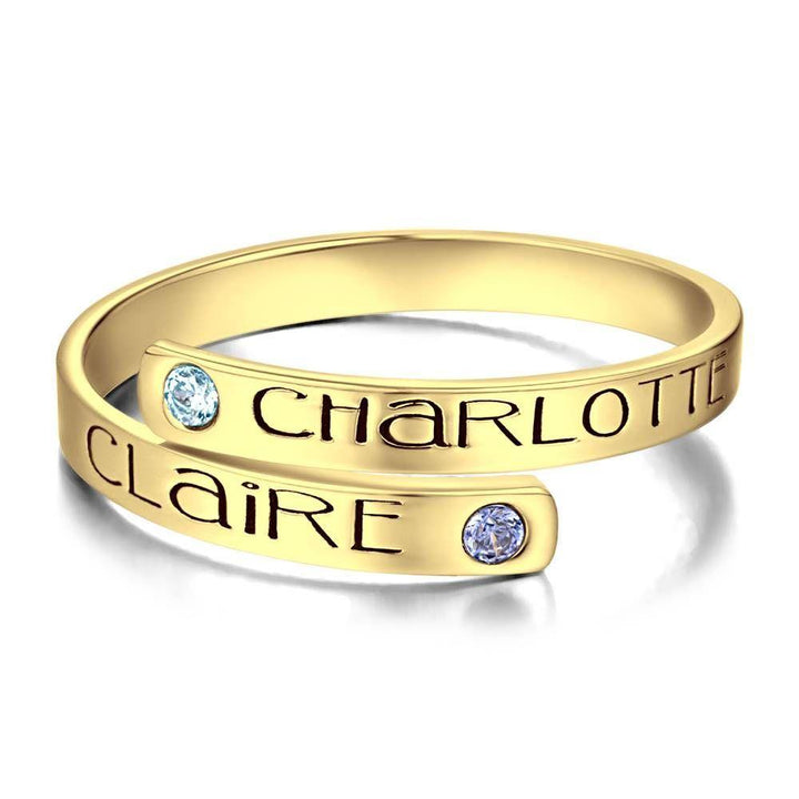 Cissyia.com Platinum Plated Personalized Two Birthstones Engravable Bypass Ring