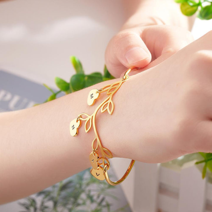 Cissyia.com Personalized Initials Heart Charms and Branch Tag Engraved Bracelet
