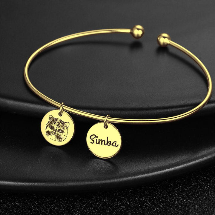 Cissyia.com 14K Gold Plated Personalized Photo Sketch Open Cuff Engraved Bracelet with Personalized Disc Charms