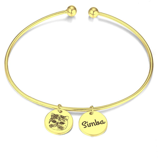 Cissyia.com 14K Gold Plated Personalized Photo Sketch Open Cuff Engraved Bracelet with Personalized Disc Charms