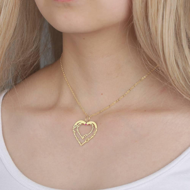 Cissyia.com 14k Gold Plated Personalized Two Heart Four Names Cut-out Necklace with One Birthstone