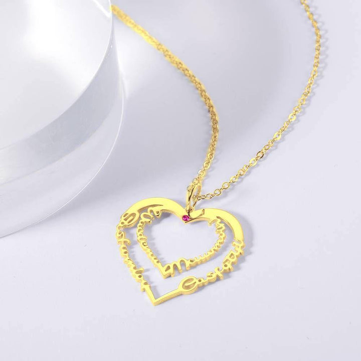 Cissyia.com 14k Gold Plated Personalized Two Heart Four Names Cut-out Necklace with One Birthstone