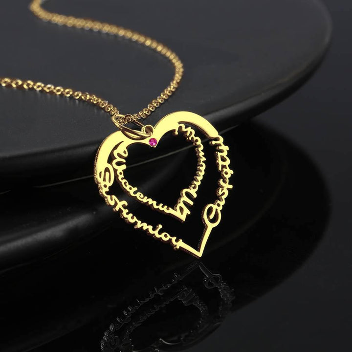Cissyia.com 14k Gold Plated Personalized Two Heart Four Names Cut-out Necklace with One Birthstone