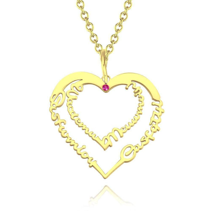 Cissyia.com 14k Gold Plated Personalized Two Heart Four Names Cut-out Necklace with One Birthstone