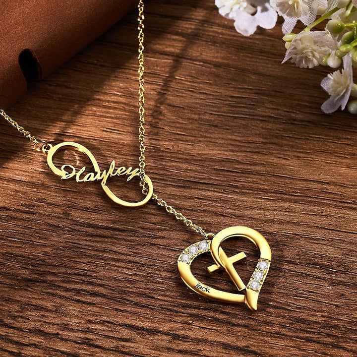 Cissyia.com Rose Gold Plated Gemstones Personalized Infinity Cut-Out and Engravable Heart And Cross Toggle Name Necklace