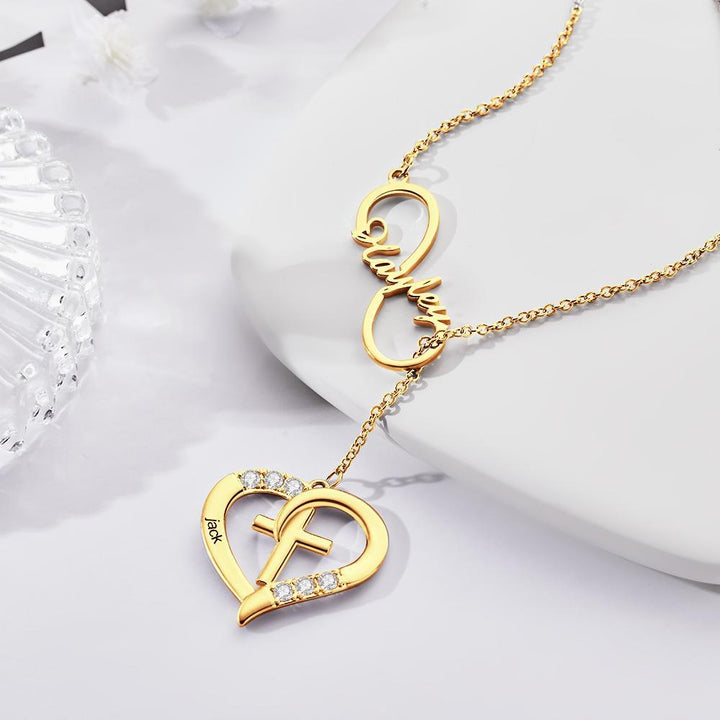 Cissyia.com Rose Gold Plated Gemstones Personalized Infinity Cut-Out and Engravable Heart And Cross Toggle Name Necklace