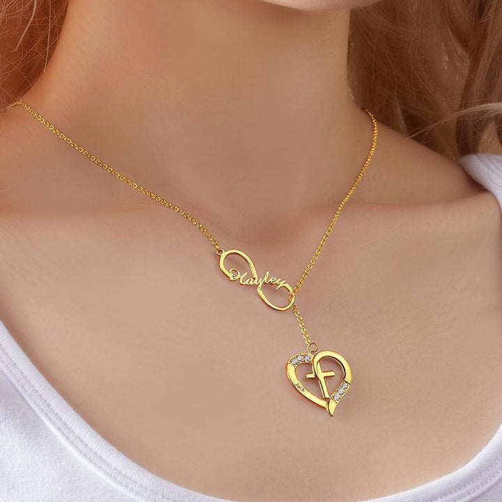 Cissyia.com Rose Gold Plated Gemstones Personalized Infinity Cut-Out and Engravable Heart And Cross Toggle Name Necklace