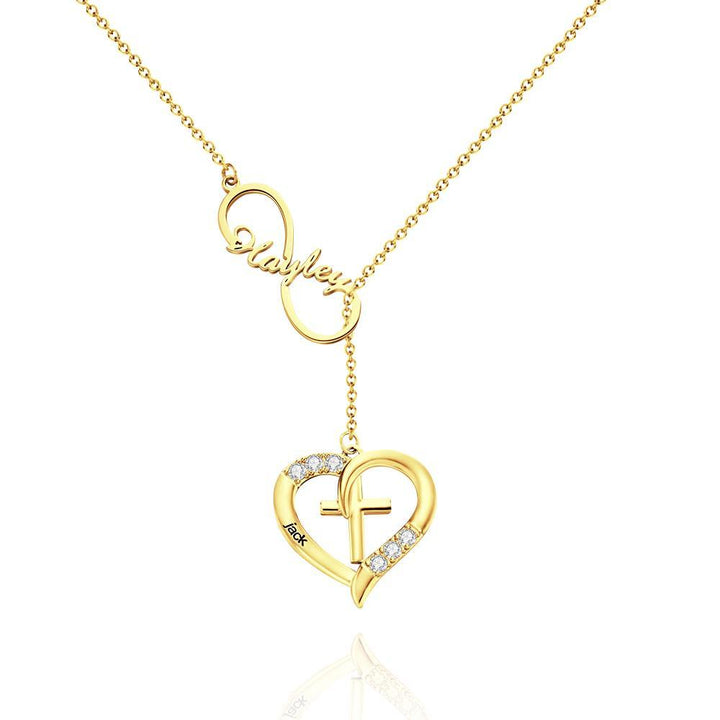 Cissyia.com Rose Gold Plated Gemstones Personalized Infinity Cut-Out and Engravable Heart And Cross Toggle Name Necklace