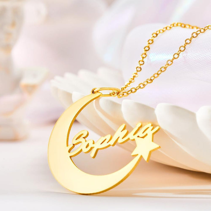 Cissyia.com Custom Crescent Moon and Star Name Necklace Personalized Pendant Gift for Her