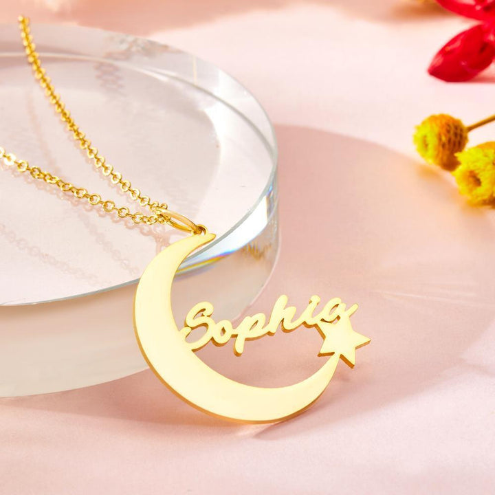 Custom Crescent Moon and Star Name Necklace Personalized Pendant Gift for Her