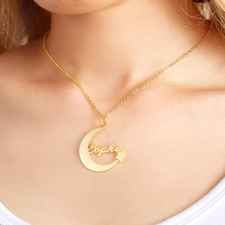 Custom Crescent Moon and Star Name Necklace Personalized Pendant Gift for Her