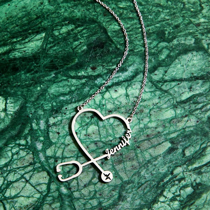 Cissyia.com Rose Gold Plated Heart and Stethoscope Name Cut-Out Name Necklace
